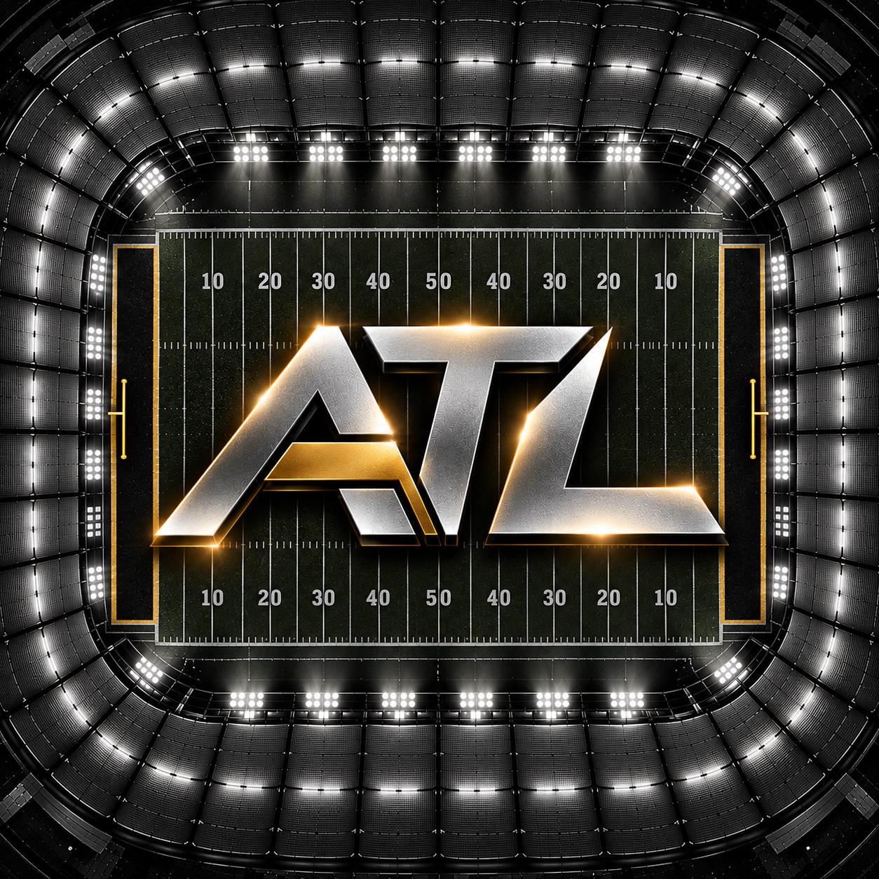 A football stadium at night seen from above the lights, with the letters ATL over the 50-yard line