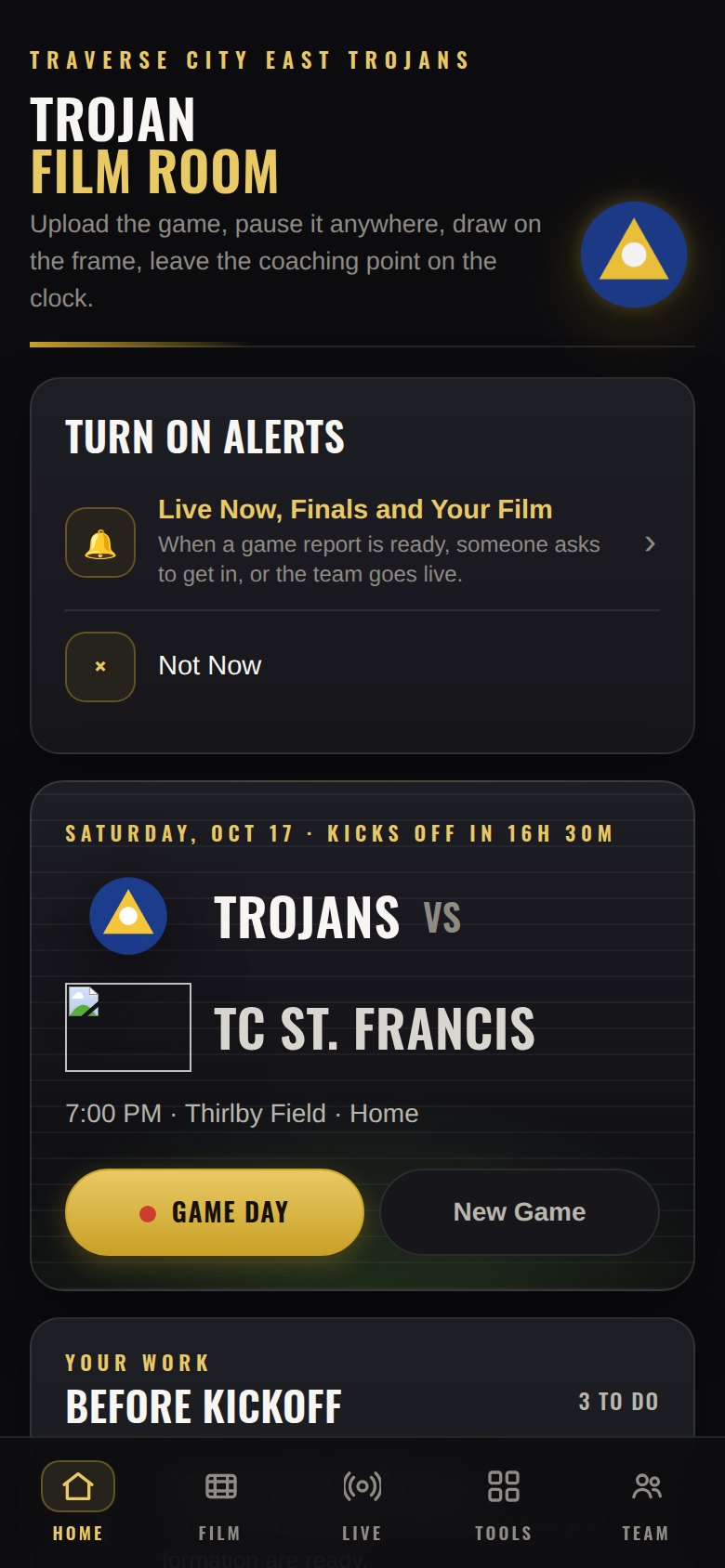 The coach's Home screen before kickoff: the next game, Game Day, and the work to do before the whistle